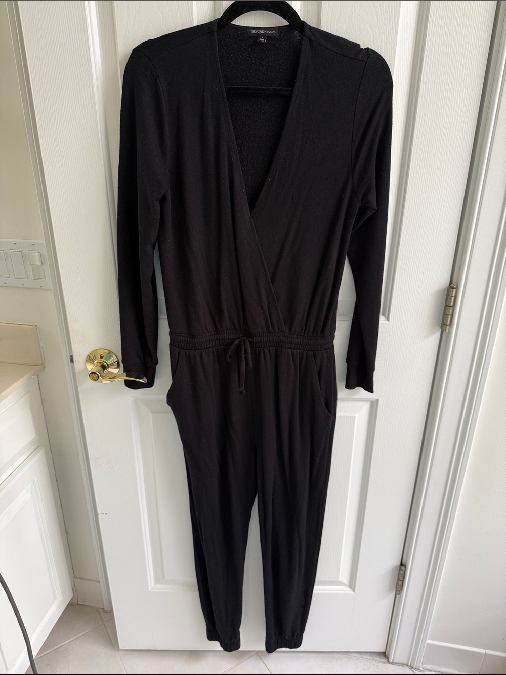 Beyond Yoga Black Wrap-Front Long Sleeve Jumpsuit
